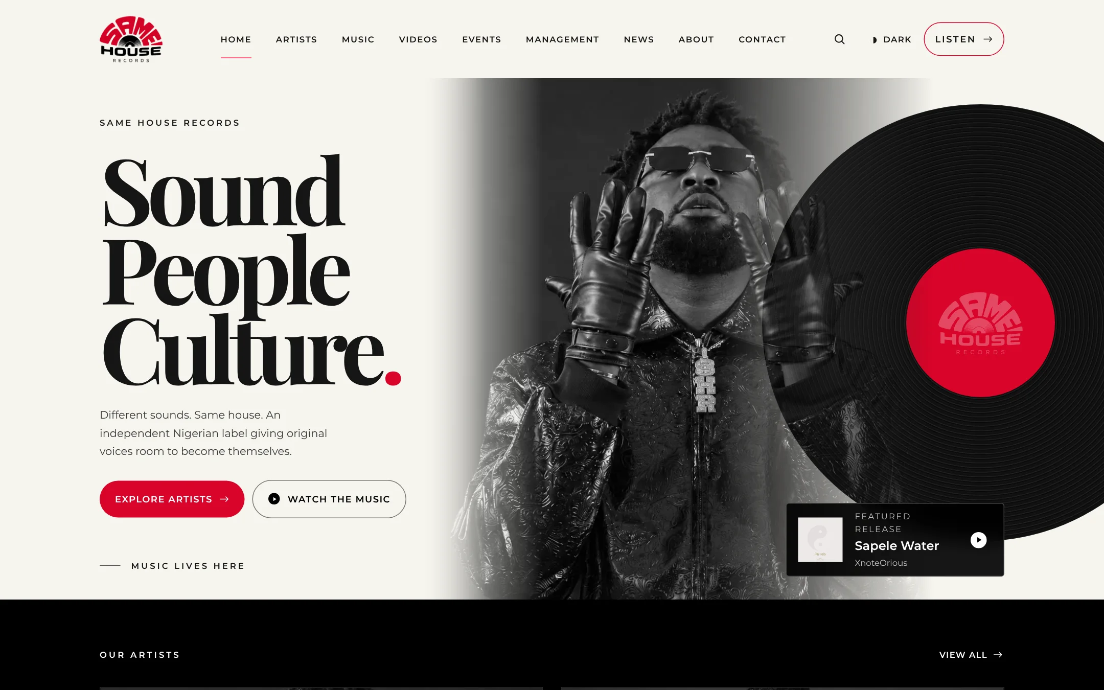 Same House Records website home: Sound People Culture, with the featured release