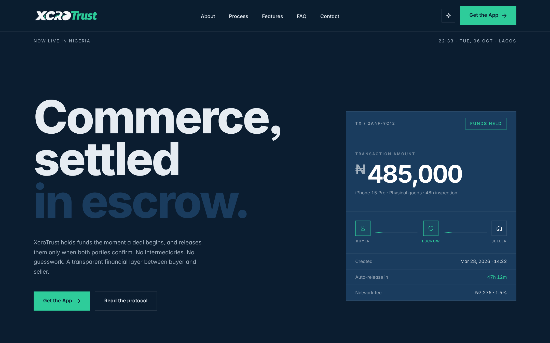 XcroTrust website: Commerce, settled in escrow